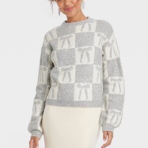 a new day Gray and Cream Checkered Bow Sweater